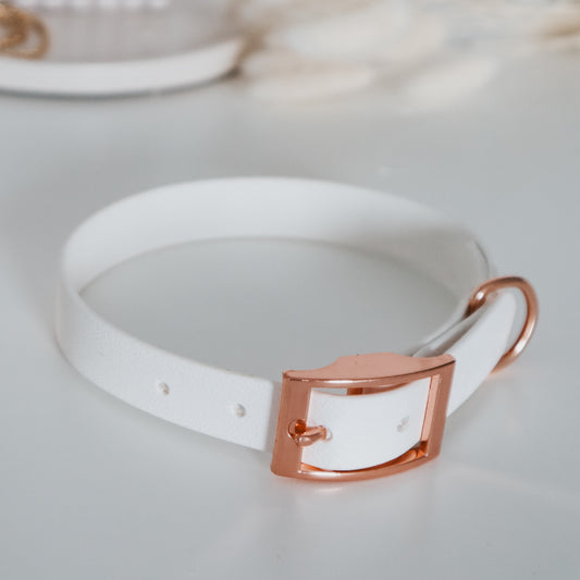 Handmade Waterproof White Pet Collar. Personalizable with pet's name 