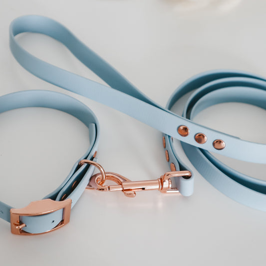 Handmade Waterproof Blue Pet Accessories set -  Collar and leash. Personalizable with pet's name 